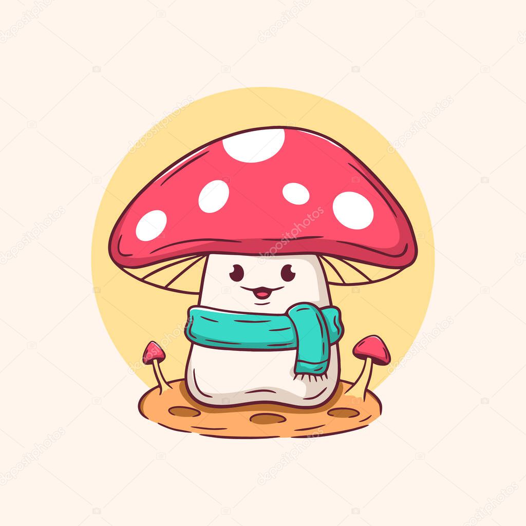 Mushroom cartoon character with red cap and scarf. Fun kawaii toadstool vector perfect for kids designs, stickers, posters, and playful fantasy illustrations