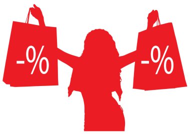 Vektör çizim. Alışveriş ile kontur kız. İndirimler. Kullanabilmeniz için bir afiş, el ilanı, etiket, Web sitesi için.