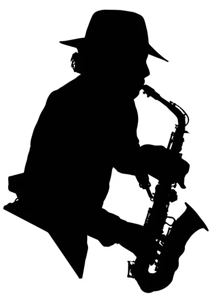 Dibujo Vectorial Silueta Hombre Con Saxofón Saxofonista — Archivo Imágenes Vectoriales