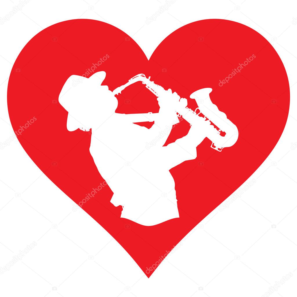 Vector image. Heart and saxophonist. I love playing the saxaphone. Can be used in stickers, textiles, advertisements, websites.