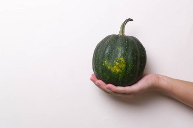 Sarı arka planda yuvarlak, koyu yeşil bir balkabağı tutan bir el. Minimalizm kavramı. Yatay yönelim.