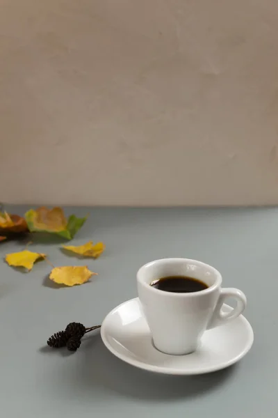 Cangkir Putih Dengan Espresso Piring Putih Antara Daun Kuning Dan — Stok Foto