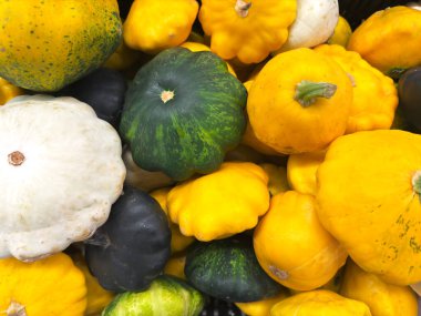 Dükkanda bir yığın sarı, yeşil ve beyaz kabak ya da börek. Vejetaryen ve vejetaryen gıda konsepti. Sonbahar hasadı. Yatay oryantasyon. Seçici odak.