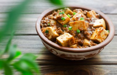 Baharatlı soslu Mapo tofu tabağı ve ahşap bir arka planda seramik kasede kıyma. Sichuan bölgesinden bir tabak. Geleneksel Asya yemekleri. Seçici odaklanma. Yatay yönelim.