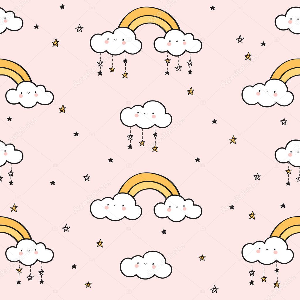 Seamless pattern with gold rainbows, funny clouds and stars