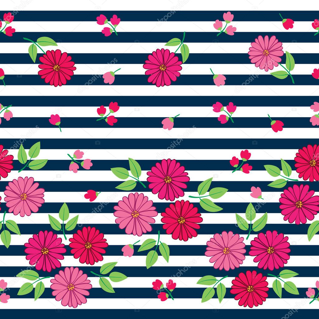 Floral seamless pattern with hand drawn spring flowers and stripes