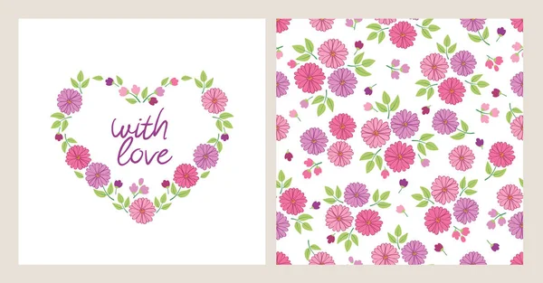 Conjunto de cartão com coração de flores e padrão sem costura —  Vetores de Stock