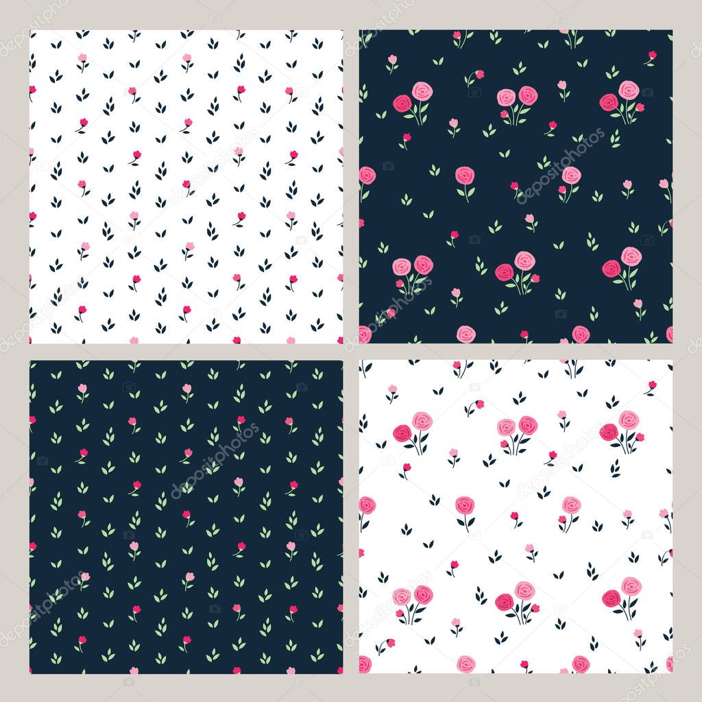 PSet of simple floral seamless patterns with hand drawn spring flowers