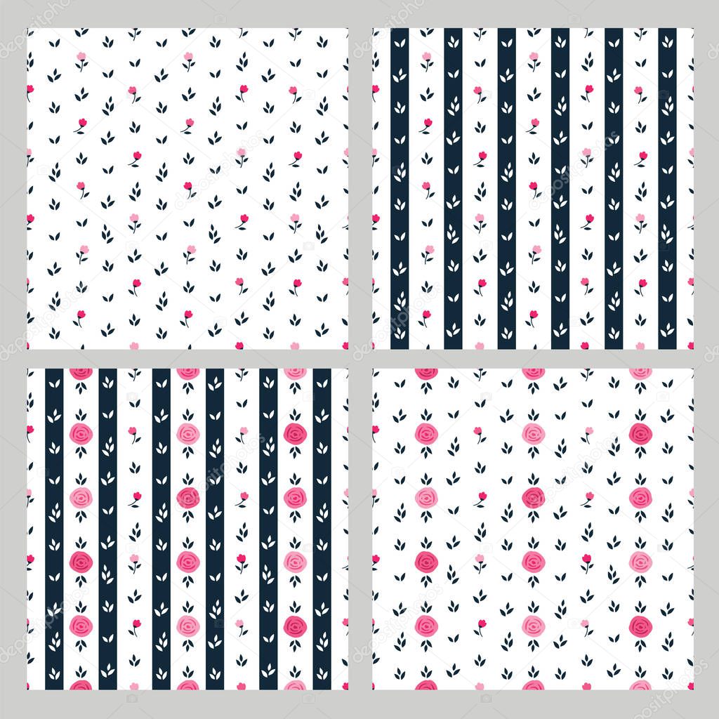 Set of simple floral seamless patterns with hand drawn spring flowers
