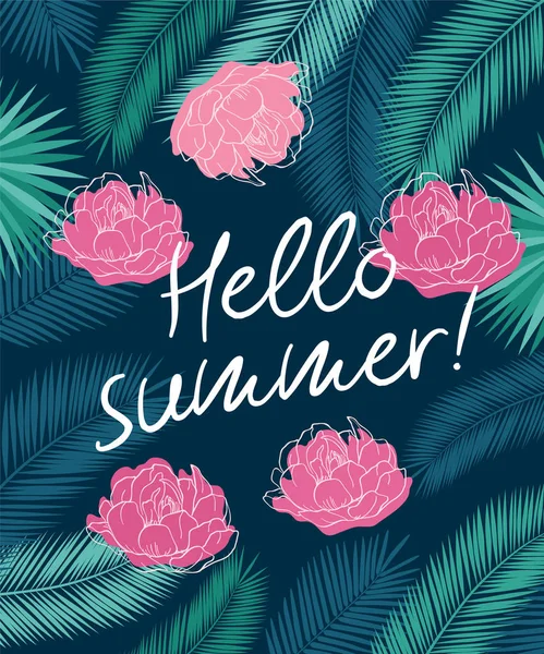 Sommer Hintergrund mit handgezeichneten rosa Blüten und tropischen Blättern. — Stockvektor