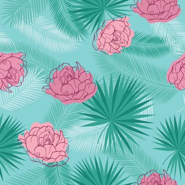 Набор бесшовных узоров с тропическими листьями и летними розовыми цветами — стоковый вектор