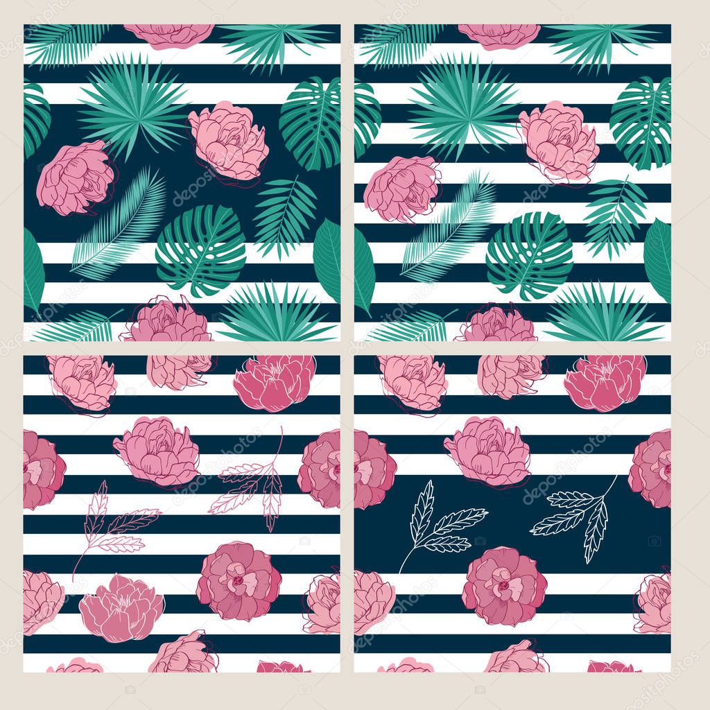 Set of seamless patterns with tropical leaves, summer pink flowers and stripes