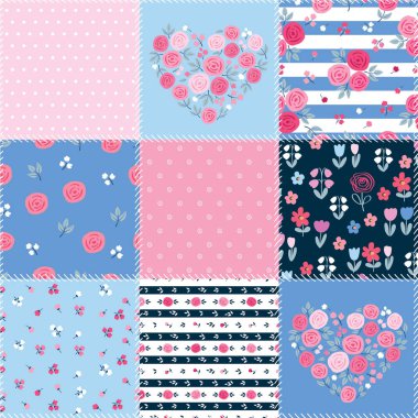 Farklı çiçek desenleri ile Bahar patchwork arka plan