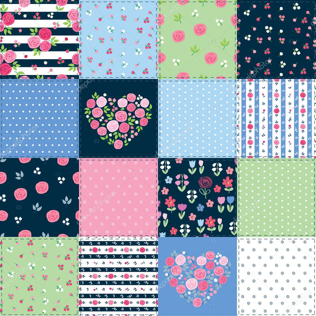Spring patchwork background with different flowers patterns