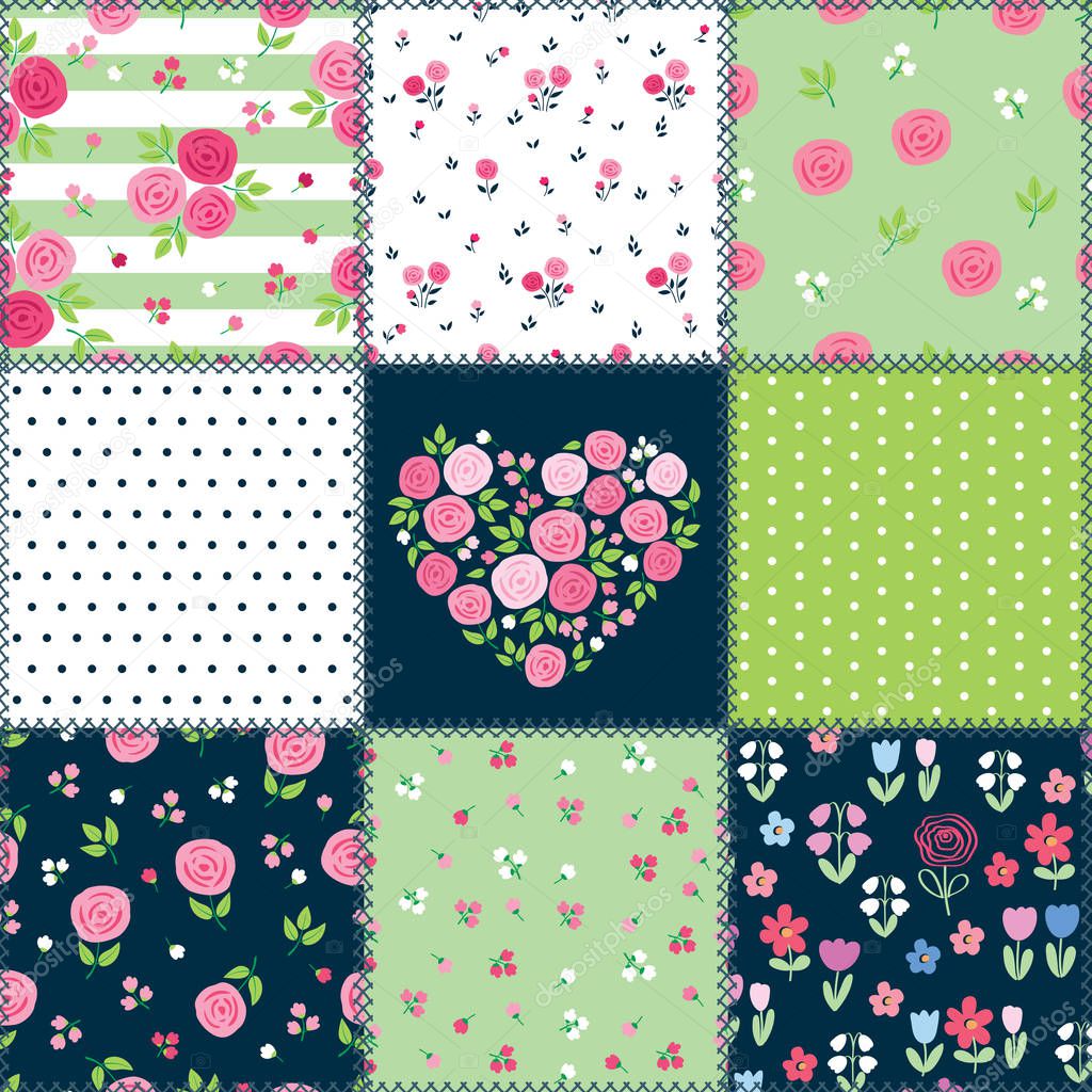 Spring patchwork background with different flowers patterns