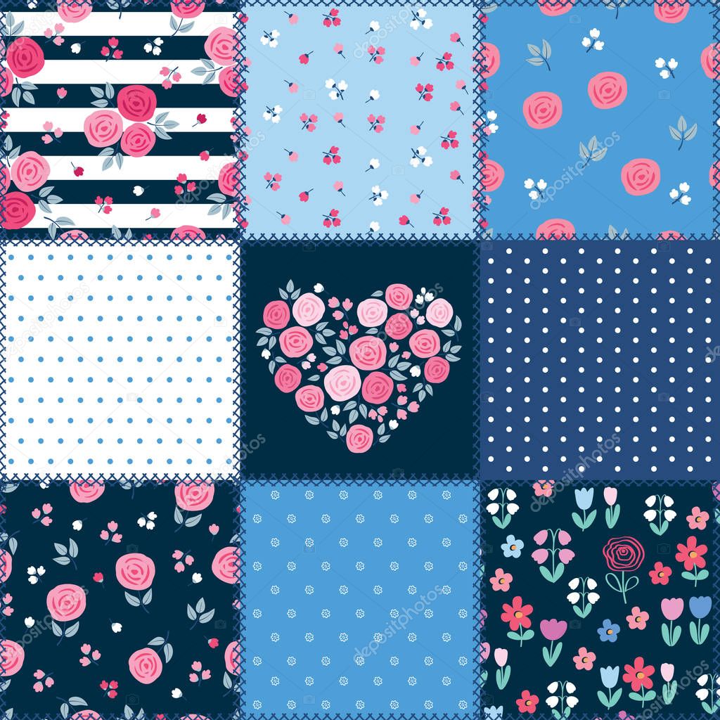Spring patchwork background with different flowers patterns.