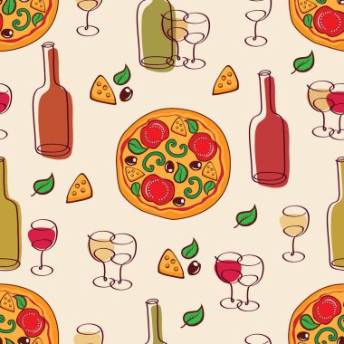 Seamless pattern with hand drawn pizzas, bottles of wine glasses. vector Seamless pattern with hand drawn pizzas, bottles of wine glasses. vector