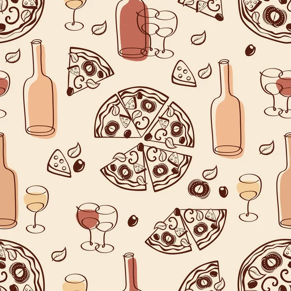 Padrão sem costura com pizzas desenhadas à mão e garrafas de copos de vinho . — Vetor de Stock
