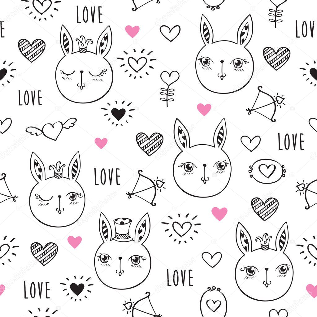 Seamless pattern with hand drawn cute rabbits