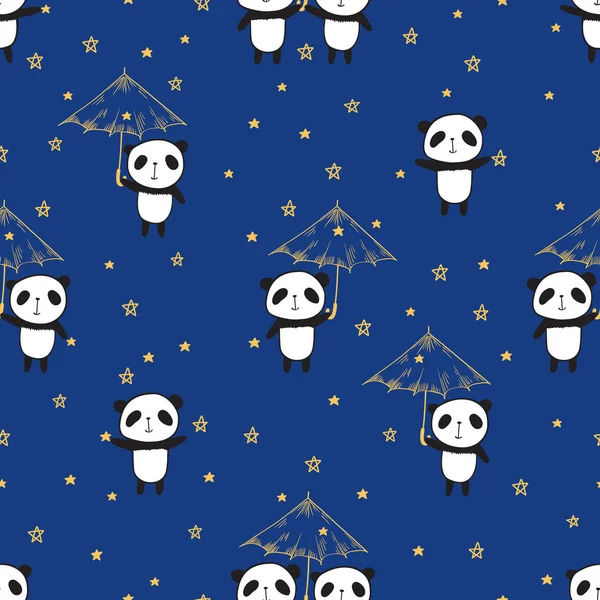 Patrón sin costuras con lindos pandas con paraguas y estrellas doradas — Vector de stock