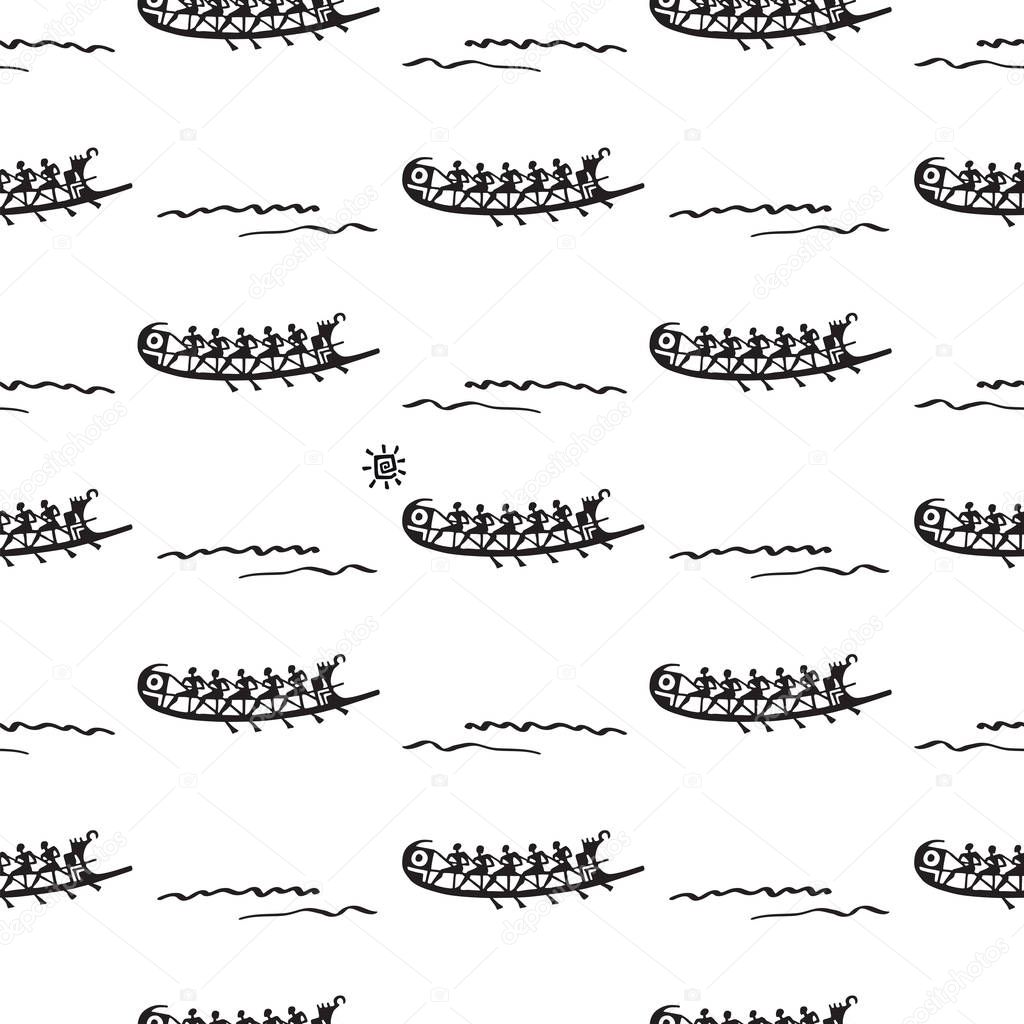Simple seamless pattern with ancient boats with oarsmen