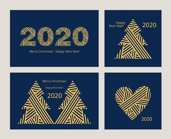 Mutlu yıllar 2020. Noel ağaçları ve kalp ile modern tebrik kartları seti. 