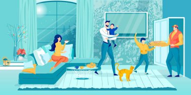 Aile Pizza Siparişi Bekliyor. Koltukta uzanan ve kahve içen kadın, Baba kucağında küçük oğlu, Mutlu Çocuk Üniformalı Vector Illustration 'daki Erkek İşçi' den sipariş almak için açılıyor..