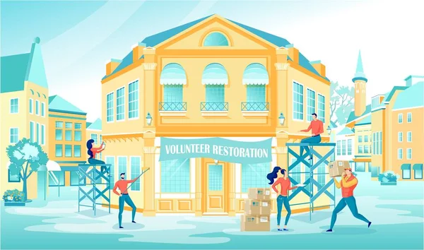 Volunteer Restoration Vector Illustration Old Building Facade Renovation Cartoon People — Stock Vector