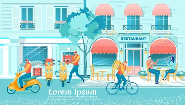 Livraison Homme Expédition Nourriture Client Partir Restaurant Par Scooter Vélo — Image vectorielle