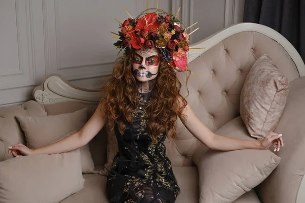 Portrait of a young beauty woman with sugar skull makeup — Stock Photo, Image