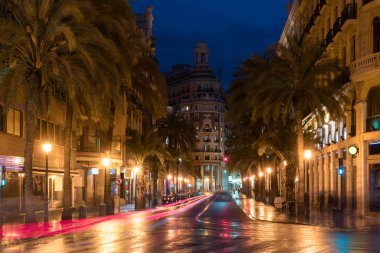 Gece cadde görünümü Valencia şehir merkezinde, İspanya. Palmiye ağaçları İspanyolca Valencia şehir.