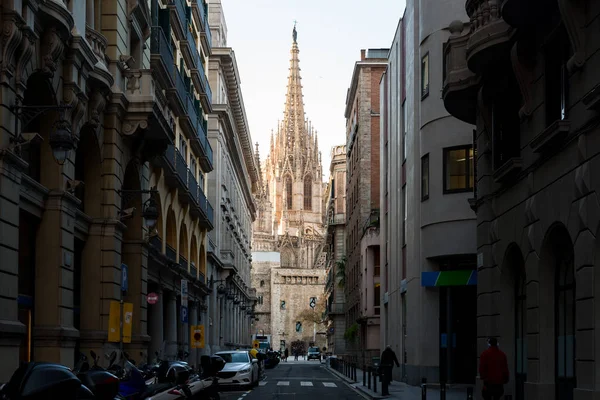 Barcelona Katedrális Szent Kereszt Saint Eulalia Alatt Napkelte Barri Gótikus — Stock Fotó