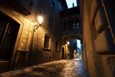 Barri Gotik Semti ve köprü, iç geçiriyor gece Barcelona, Catalonia, İspanya