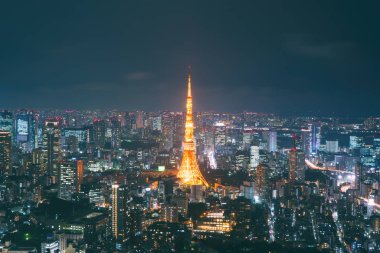 Japonya cityscape alacakaranlıkta. Tokyo Kulesi bina Tokyo iş manzara. Japonya'da iş bölgesi alanında modern yüksek bina