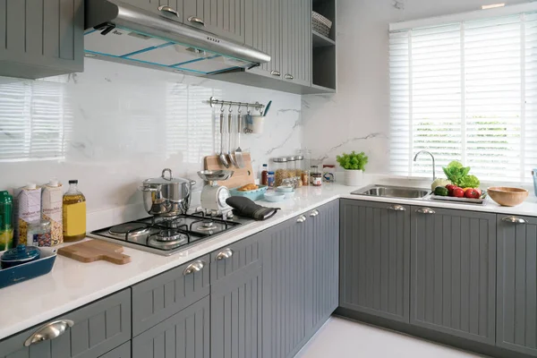 Kitchen Wood Utensils Chef Accessories Hanging Copper Kitchen White Tiles — Stock Photo, Image