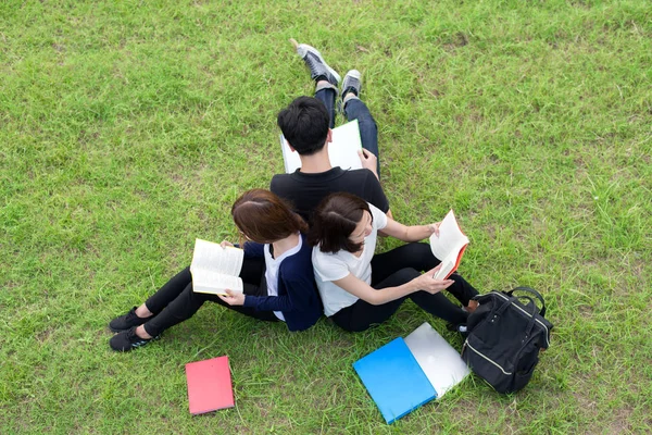 Vista Superior Del Grupo Estudiantes Asiáticos Sentados Juntos Parque Estudiantes —  Fotos de Stock