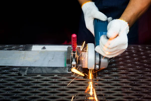 Worker Cutting Grinder Welding Metal Many Sharp Sparks Factory — Stock Photo, Image
