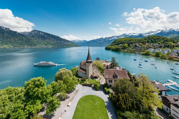 Spiez Zamek Żaglówki Jeziorze Thun Bern Szwajcaria — Zdjęcie stockowe