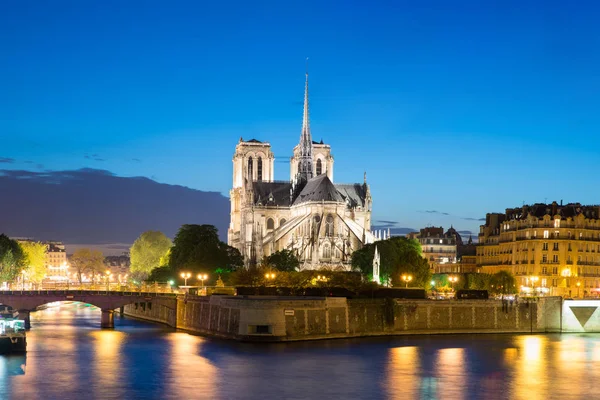Notre Dame Paris Con Nave Crociera Sulla Senna Notte Parigi — Foto Stock