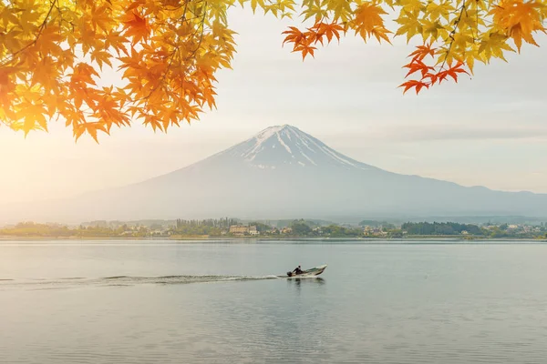 Saison Automne Montagne Fuji Matin Avec Érable Feuilles Rouges Lac — Photo