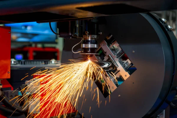 Cnc Laser Cutting Metal Pipe Bright Sparkle Factory Industry Machine — Stock Photo, Image