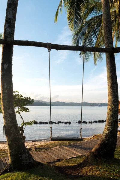 Chaise Balançoire Bois Suspendue Arbre Près Plage Île Phuket Thaïlande — Photo