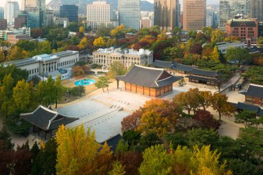 Sonbahar sezonu Deoksugung Sarayı ve Seoul şehir Seul, Güney Kore. 