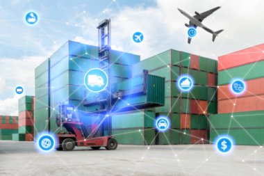 Küresel iş bağlantısı teknoloji arabirimi küresel ortağı bağlantısı konteyner kargo yük kamyonun lojistik ithalat ihracat arka plan. İş lojistik kavramı, şeylerin Internet