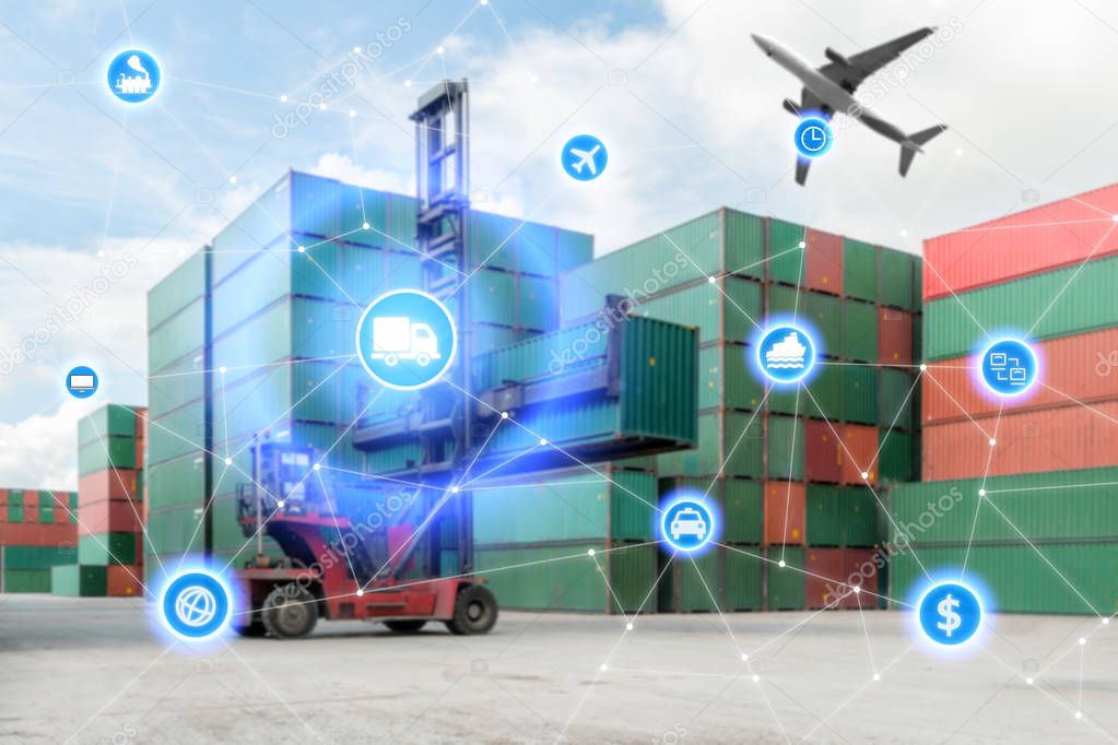 Global business connection technology interface global partner connection of Container Cargo freight truck for logistic import export background. Business logistics concept , internet of things