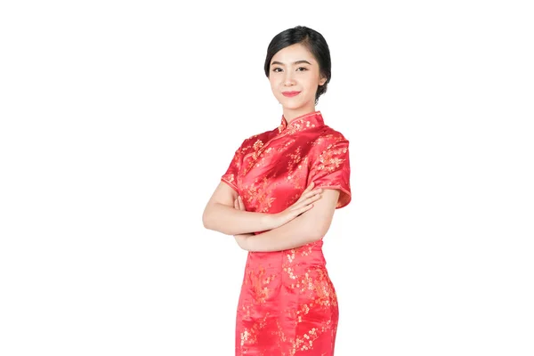 Hermosa Mujer China Asiática Vestido Rojo Chino Cheongsam Con Las —  Fotos de Stock