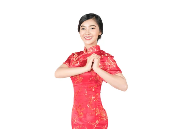 Mujer Asiática Vestido Chino Cheongsam Tradicional Con Gesto Felicitación Chino —  Fotos de Stock