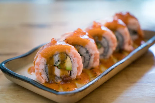 Philadelphia roll sushi with salmon, prawn, avocado, cream chees — Stock Photo, Image