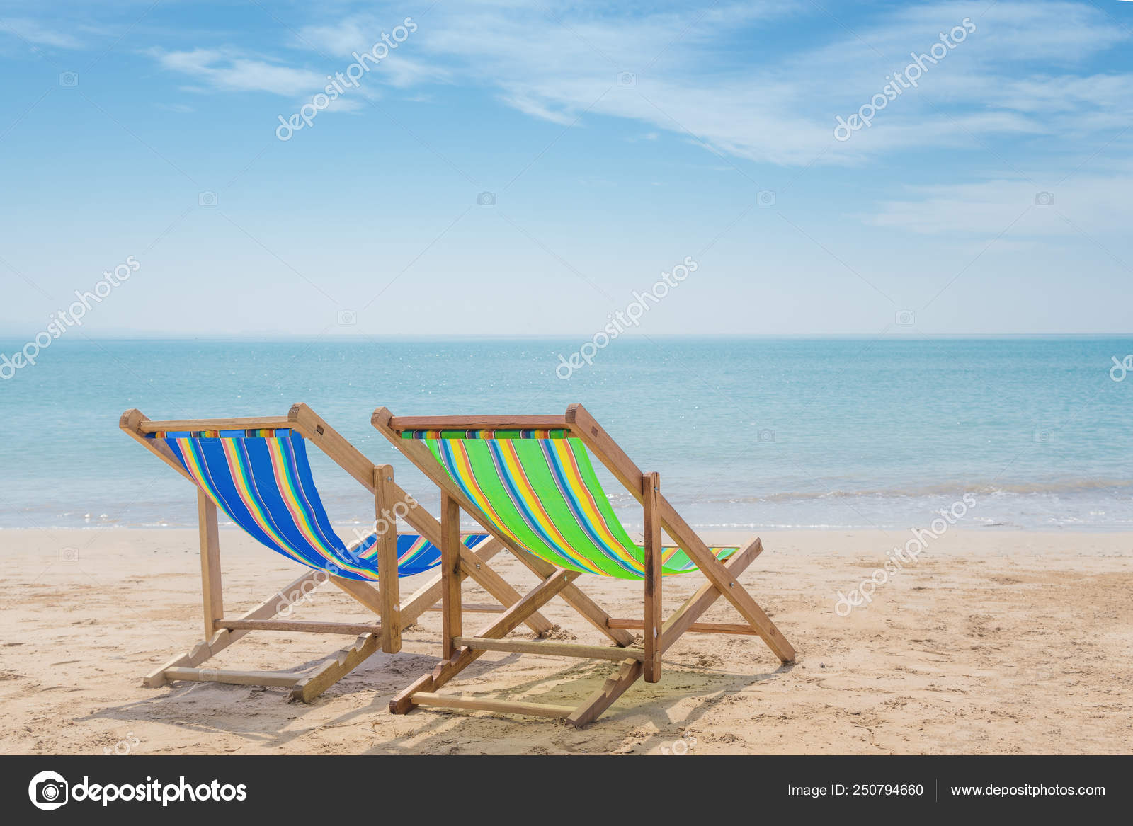 Two Beach Chairs On The White Sand With Blue Sky And Summer Sea Stock Photo Image By C Ake1150sb 250794660
