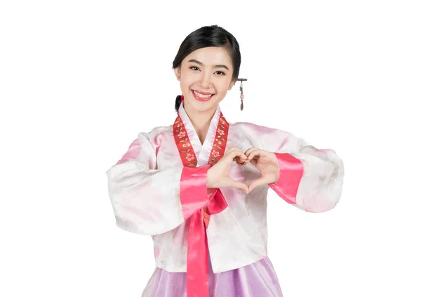 Mujer asiática en vestido tradicional coreano haciendo forma de corazón con —  Fotos de Stock